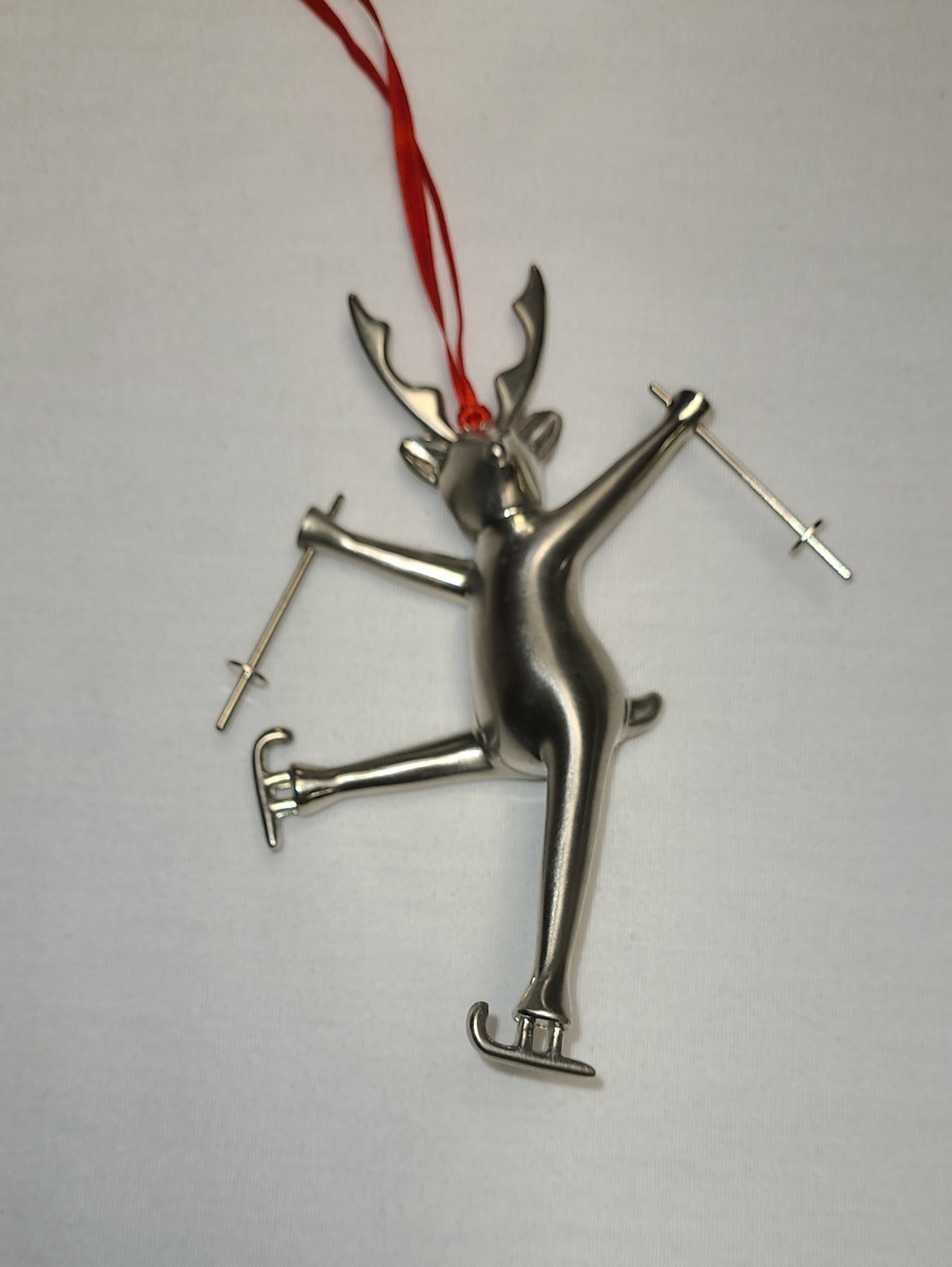 Silver Metal Whimsical Ice-Skating Reindeer Holiday Christmas Tree Ornament